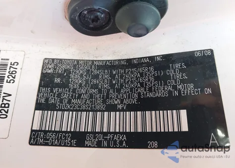 2008 Toyota Sienna Le из США, поврежденный, VIN 5TDZK23C38S213892